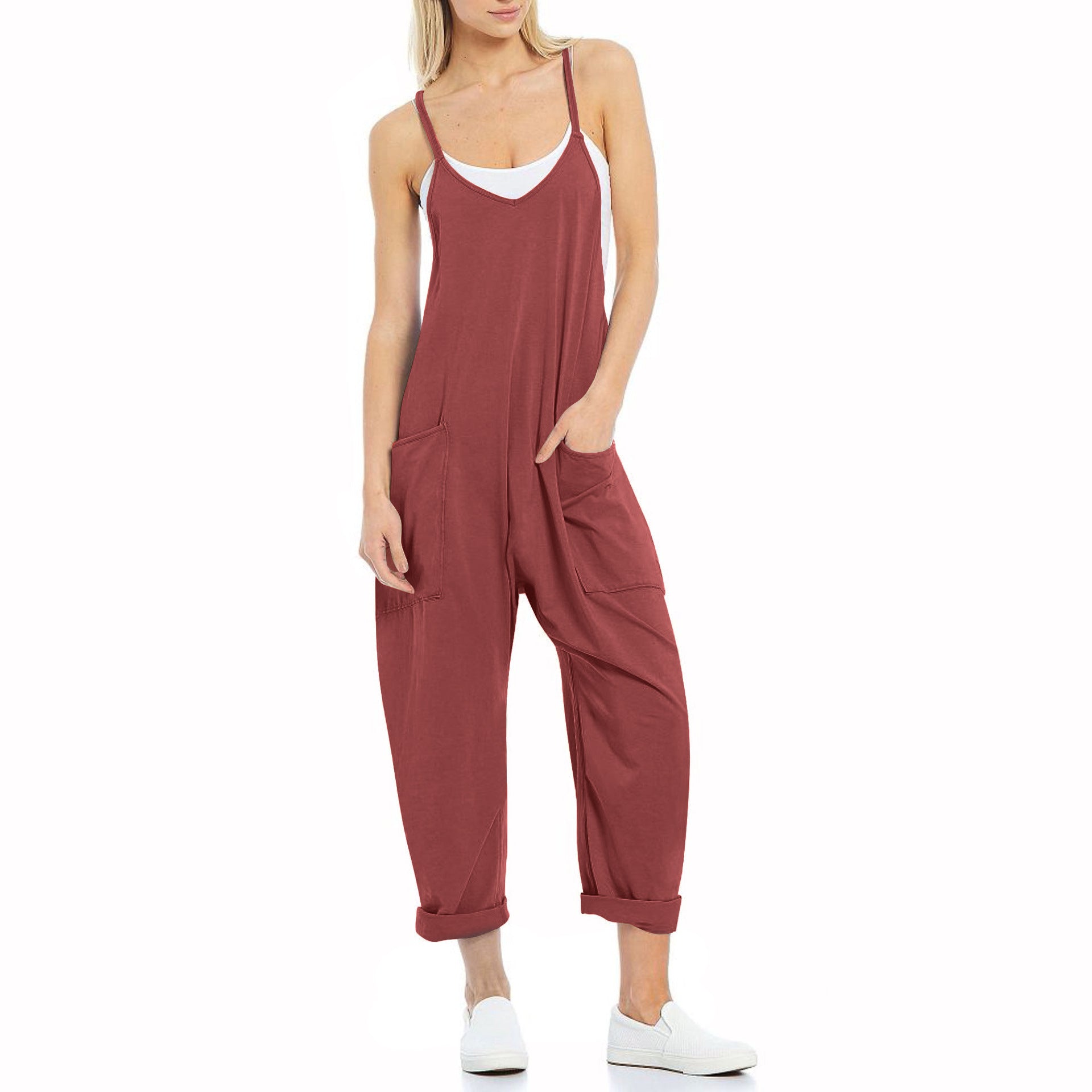 Women's Spaghetti Strap Loose Jumpsuit — Soft Fleece Relaxed Fit One-Piece with Deep Patch Pockets & Adjustable Straps, Cropped Leg Romper in 10+ Colors