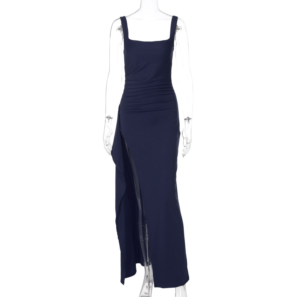 Women's Square Neck Ruched Waist High Slit Maxi Dress — Sexy Sleeveless Stretch Crepe Formal Evening Gown, Elegant Party Dress XS–XL in 17 Colors