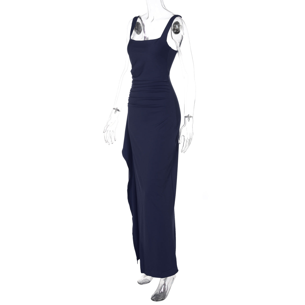 Women's Square Neck Ruched Waist High Slit Maxi Dress — Sexy Sleeveless Stretch Crepe Formal Evening Gown, Elegant Party Dress XS–XL in 17 Colors