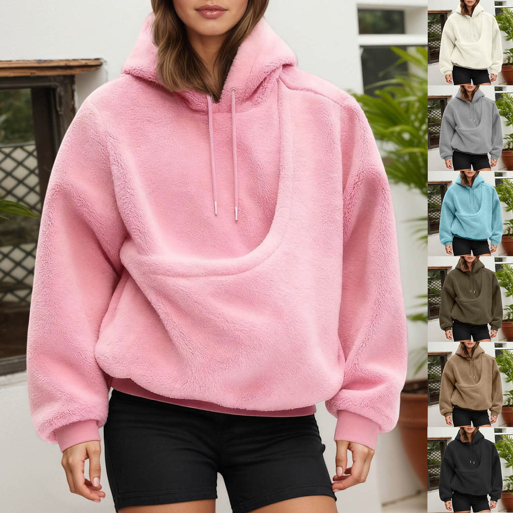 Women's Fluffy Teddy Fleece Oversized Hoodie — Plush Pullover Sweatshirt with Wrap Front Pocket & Drawstring Hood, Cozy Winter Top S–XXL in 7 Colors