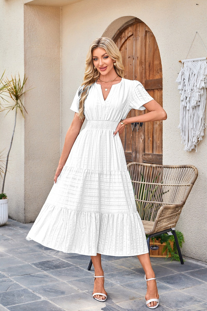 Women's V-Neck Smocked Waist Tiered Midi Dress — Flowy Puff Sleeve Boho Maxi Dress with Elastic Waist & Ruffle Tiered Skirt, Summer Casual Party Dress in 14 Colors S–XXL