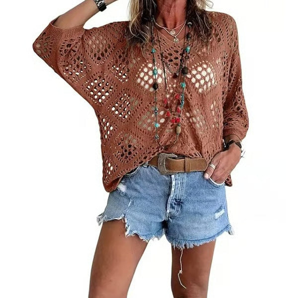 Women's Boho Crochet Hollow-Out Knit Top | V-Neck Batwing Sleeve Beach Cover-Up Sweater | S-5XL