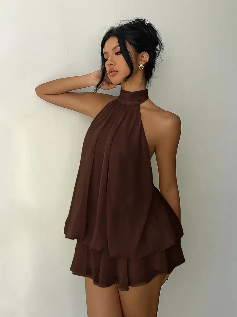 Sexy Chiffon Halter Mini Dress for Women, Island Vacation Backless Flowy Beach Dress, Summer Tea Dress
