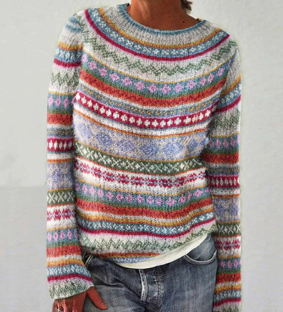 Women's Vintage Colorblock Knit Sweater | Boho Folk Floral Crew Neck Oversized Pullover | Fall Winter Top