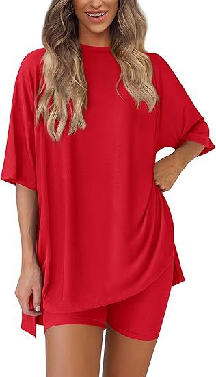 Women's Oversized Lounge Set 2 Piece — Short Sleeve Tee & Biker Shorts | Casual Comfy Matching Outfit