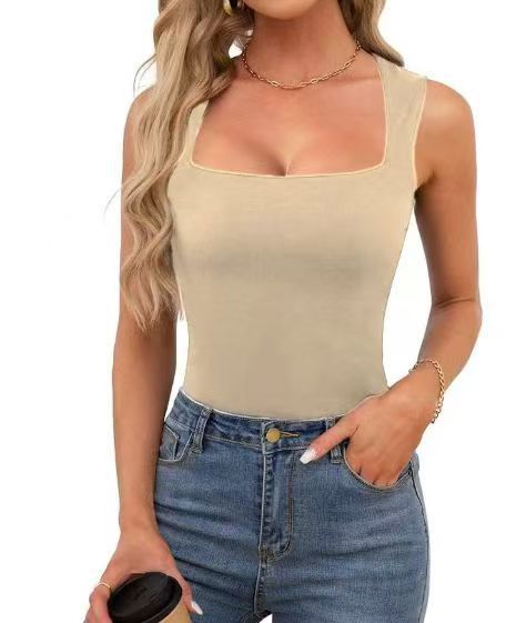 Women's Square Neck Sleeveless Tank Top — Double Layer Slim Fit Basic Crop Tee, Wide Strap Cami Shirt in 14 Colors