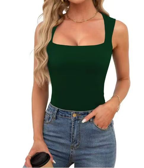 Women's Square Neck Sleeveless Tank Top — Double Layer Slim Fit Basic Crop Tee, Wide Strap Cami Shirt in 14 Colors
