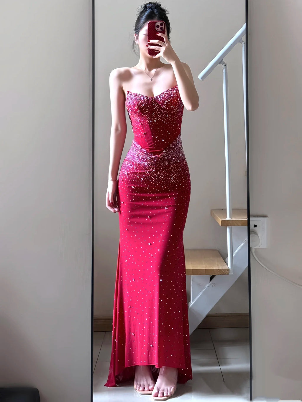 Crystal Rhinestone Strapless Bodycon Maxi Gown | All-Over Hot-Fix Diamonds | Mermaid Evening Dress for Women | Luxury Formal Gala Ball Gown
