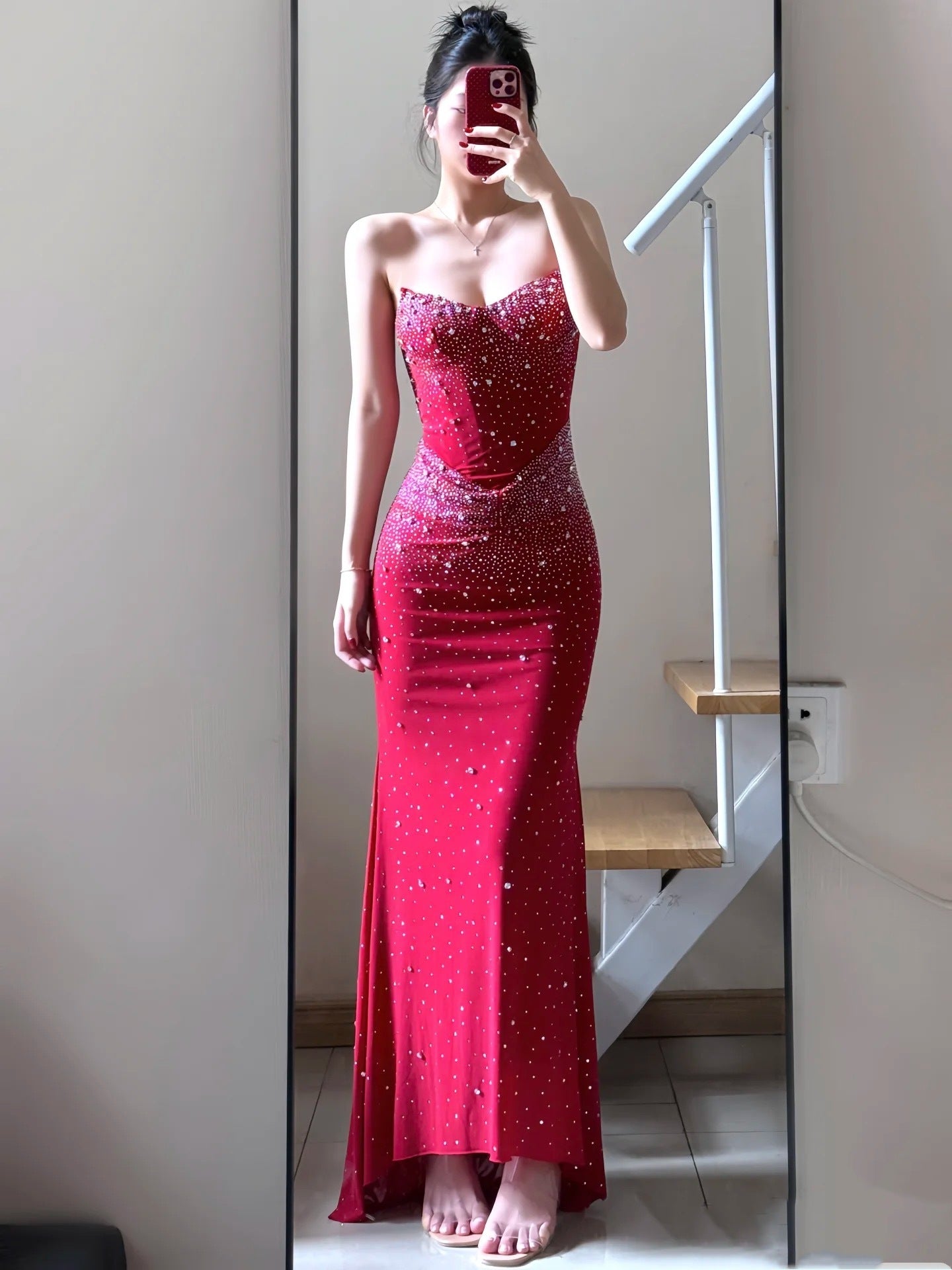 Crystal Rhinestone Strapless Bodycon Maxi Gown | All-Over Hot-Fix Diamonds | Mermaid Evening Dress for Women | Luxury Formal Gala Ball Gown