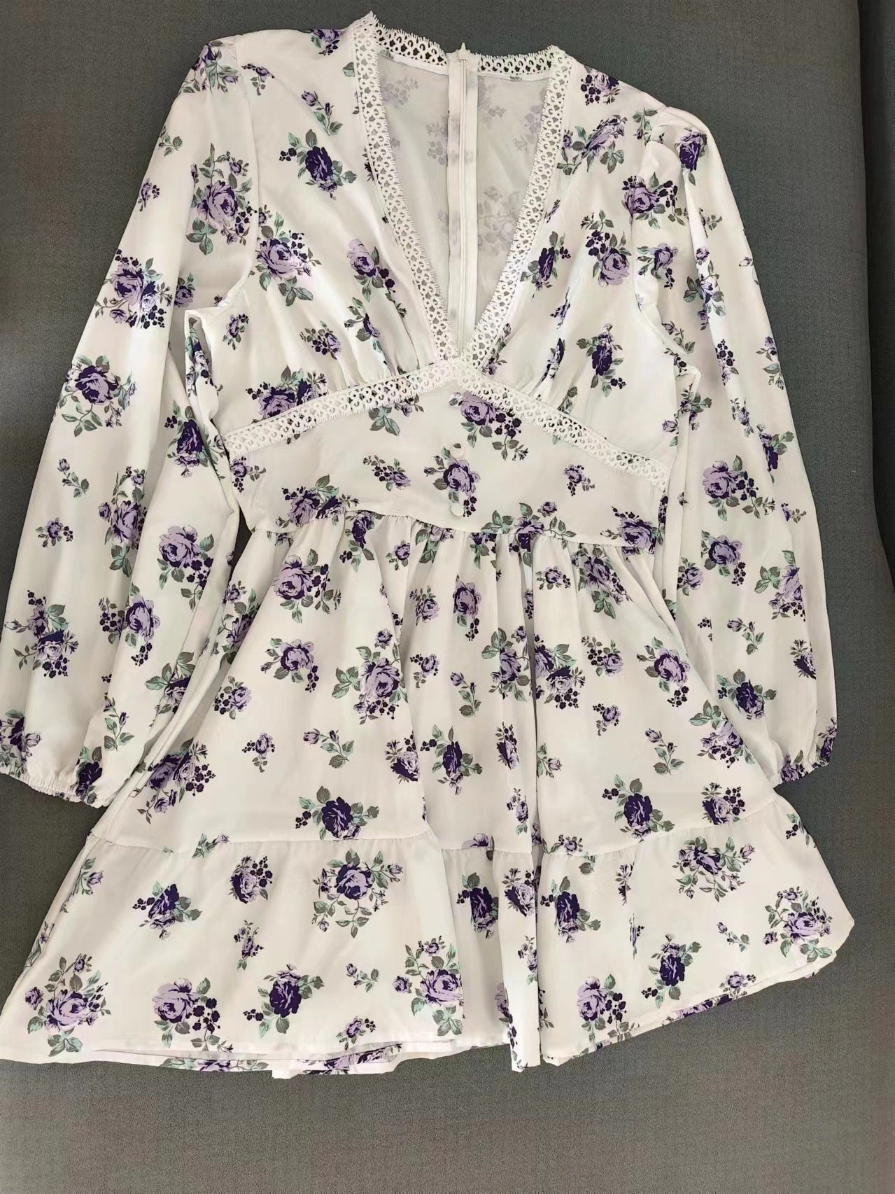 Women's V-Neck Lace Trim Floral Mini Dress — Romantic Puff Sleeve Tiered Ruffle Skirt Short Dress, Sweet Boho Floral Party Dress S–XXXL in 9 Prints