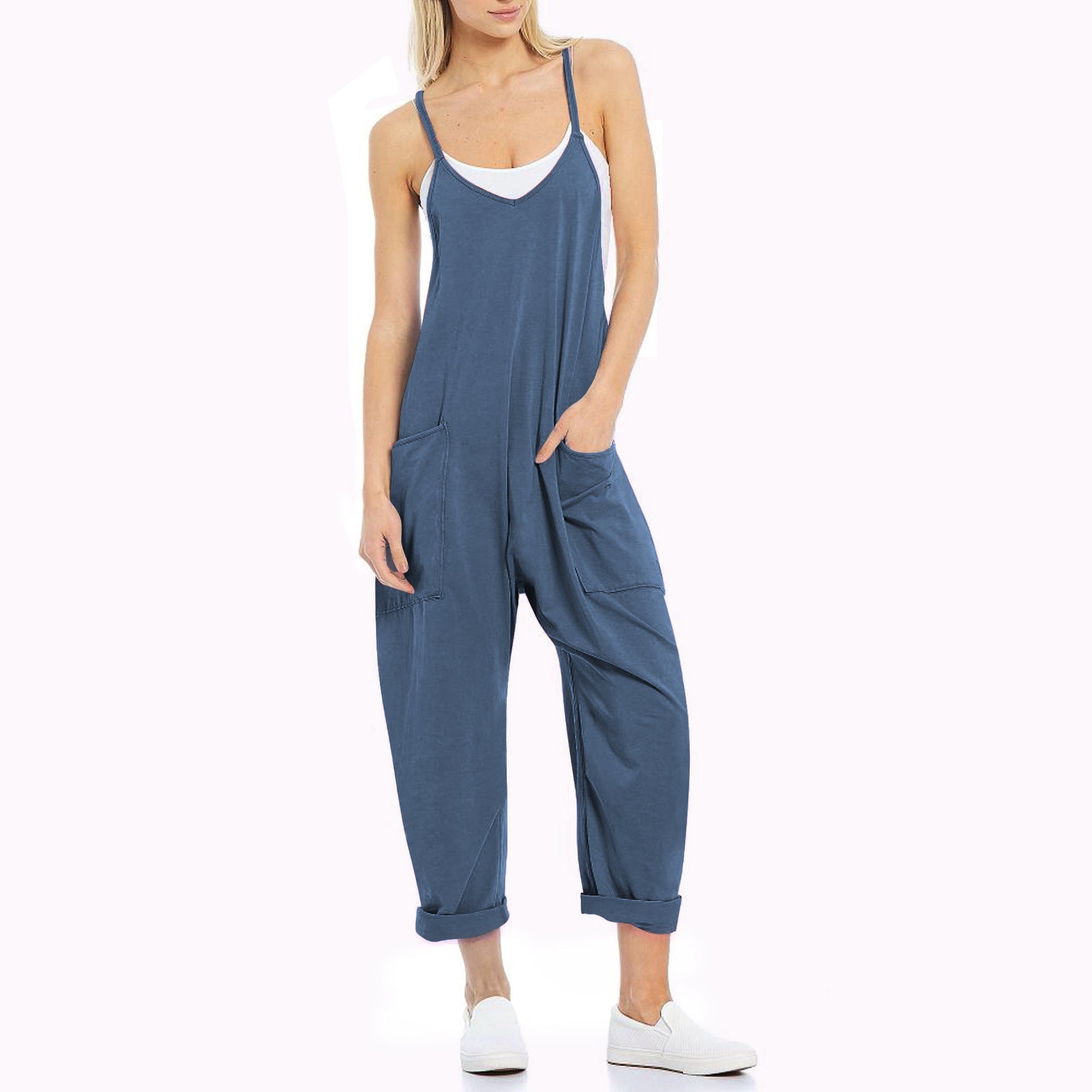 Women's Spaghetti Strap Loose Jumpsuit — Soft Fleece Relaxed Fit One-Piece with Deep Patch Pockets & Adjustable Straps, Cropped Leg Romper in 10+ Colors