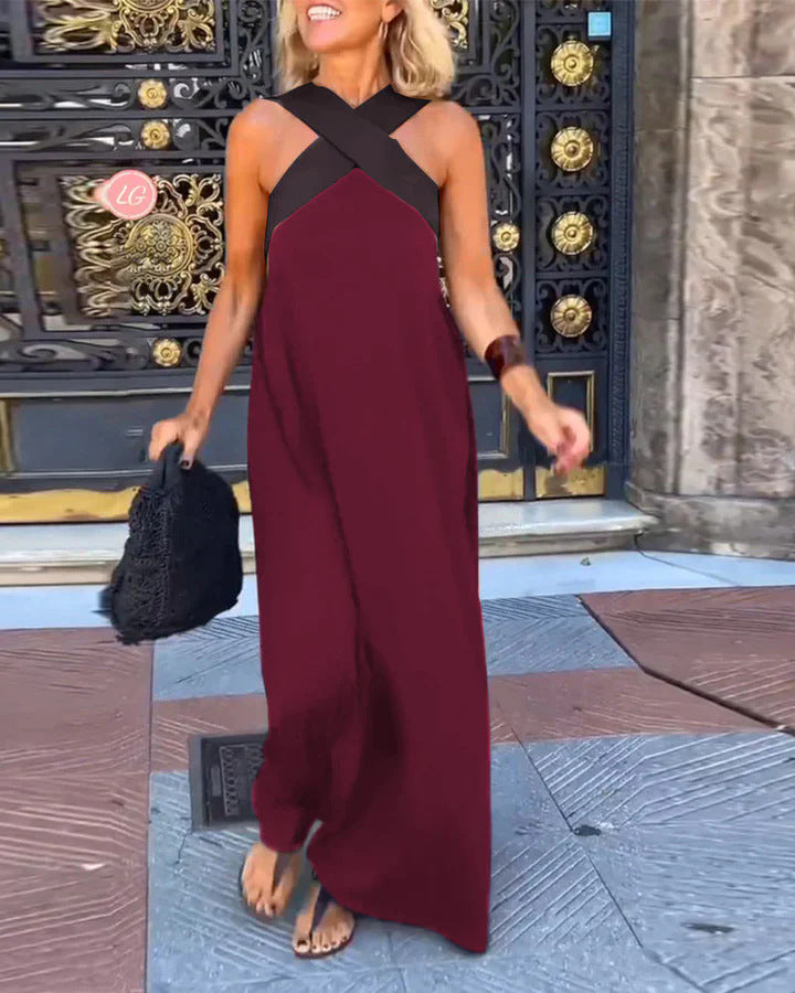 Women's Cross Halter Open Back Maxi Dress — Sexy Backless Crisscross Strap Sleeveless Long Dress, Elegant Flowy Summer Evening Party Dress XS–3XL in 11 Colors