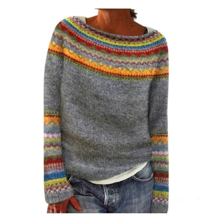 Women's Vintage Colorblock Knit Sweater | Boho Folk Floral Crew Neck Oversized Pullover | Fall Winter Top