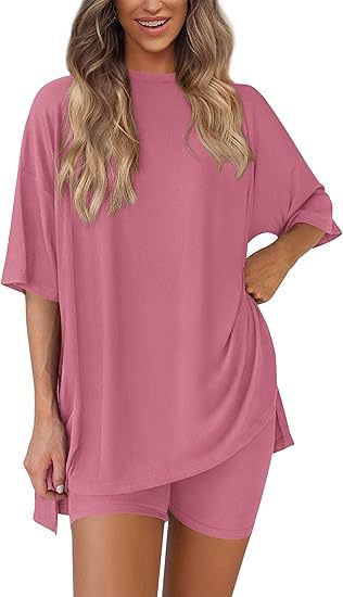 Women's Oversized Lounge Set 2 Piece — Short Sleeve Tee & Biker Shorts | Casual Comfy Matching Outfit