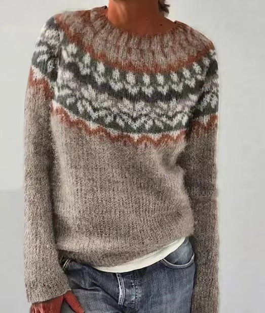 Women's Vintage Colorblock Knit Sweater | Boho Folk Floral Crew Neck Oversized Pullover | Fall Winter Top