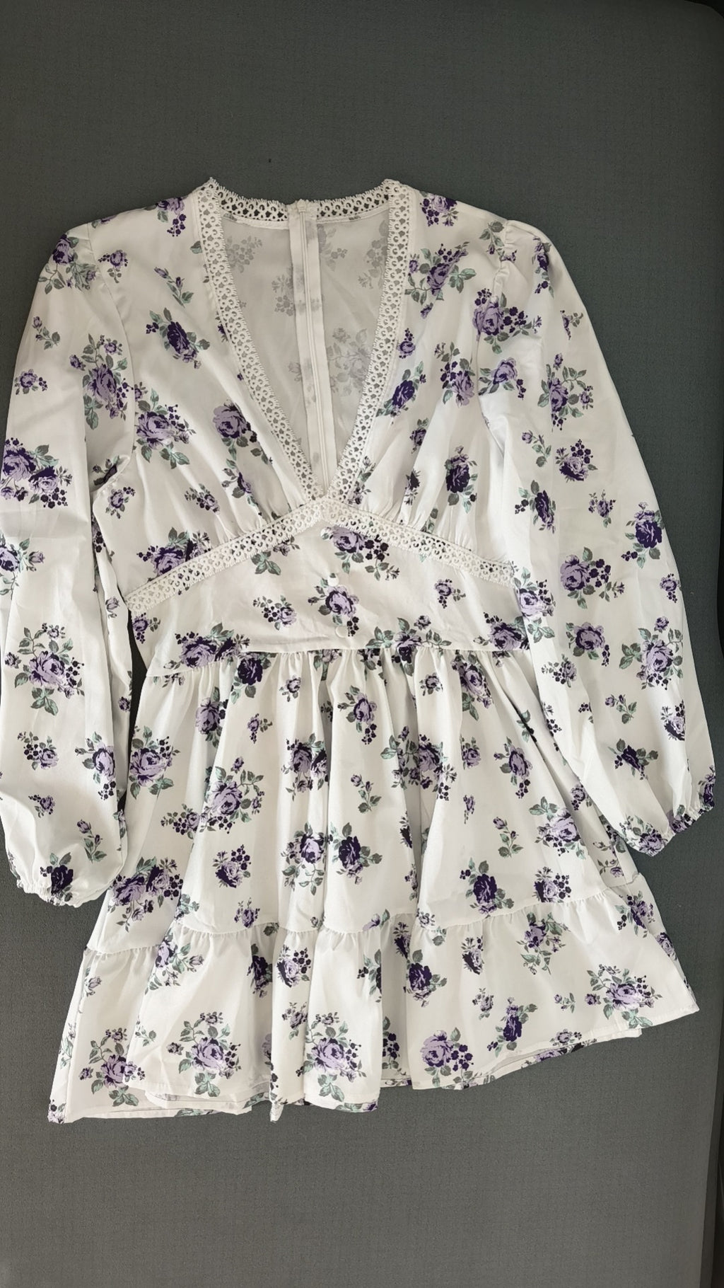 Women's V-Neck Lace Trim Floral Mini Dress — Romantic Puff Sleeve Tiered Ruffle Skirt Short Dress, Sweet Boho Floral Party Dress S–XXXL in 9 Prints