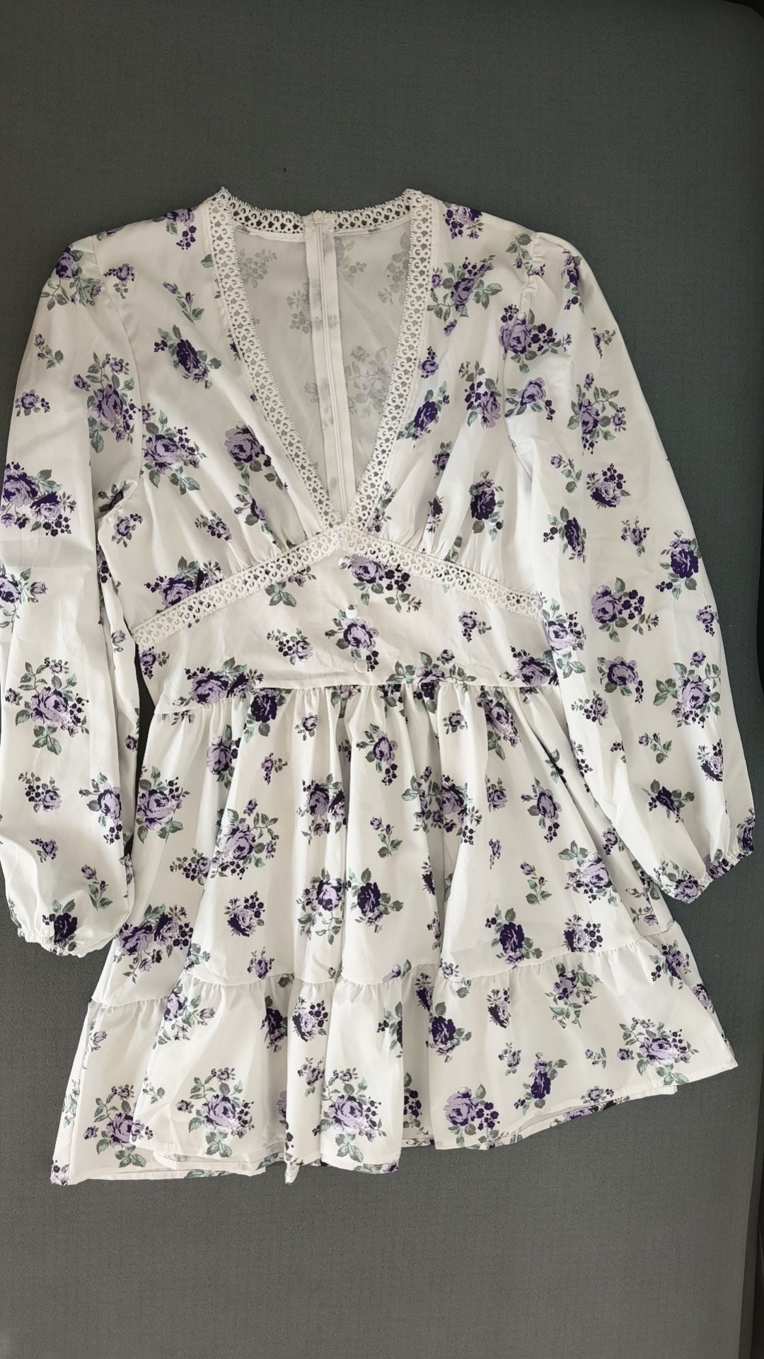 Women's V-Neck Lace Trim Floral Mini Dress — Romantic Puff Sleeve Tiered Ruffle Skirt Short Dress, Sweet Boho Floral Party Dress S–XXXL in 9 Prints