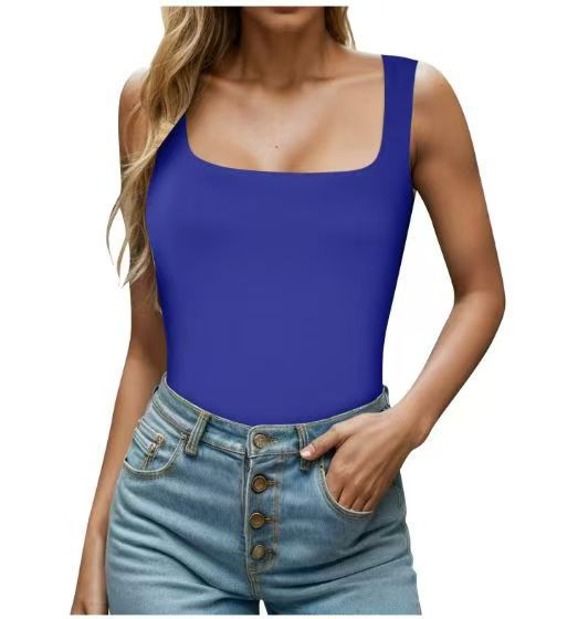 Women's Square Neck Sleeveless Tank Top — Double Layer Slim Fit Basic Crop Tee, Wide Strap Cami Shirt in 14 Colors