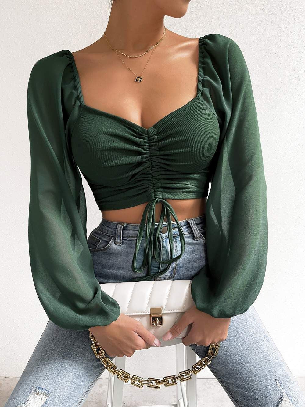 Ruched Front Crop Top for Women | V-Neck Lantern Sleeve Drawstring Fitted Blouse | Sexy Club Party Shirt