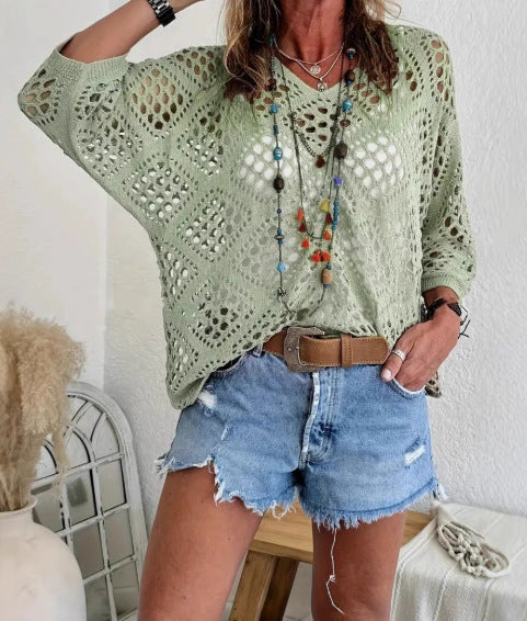Women's Boho Crochet Hollow-Out Knit Top | V-Neck Batwing Sleeve Beach Cover-Up Sweater | S-5XL