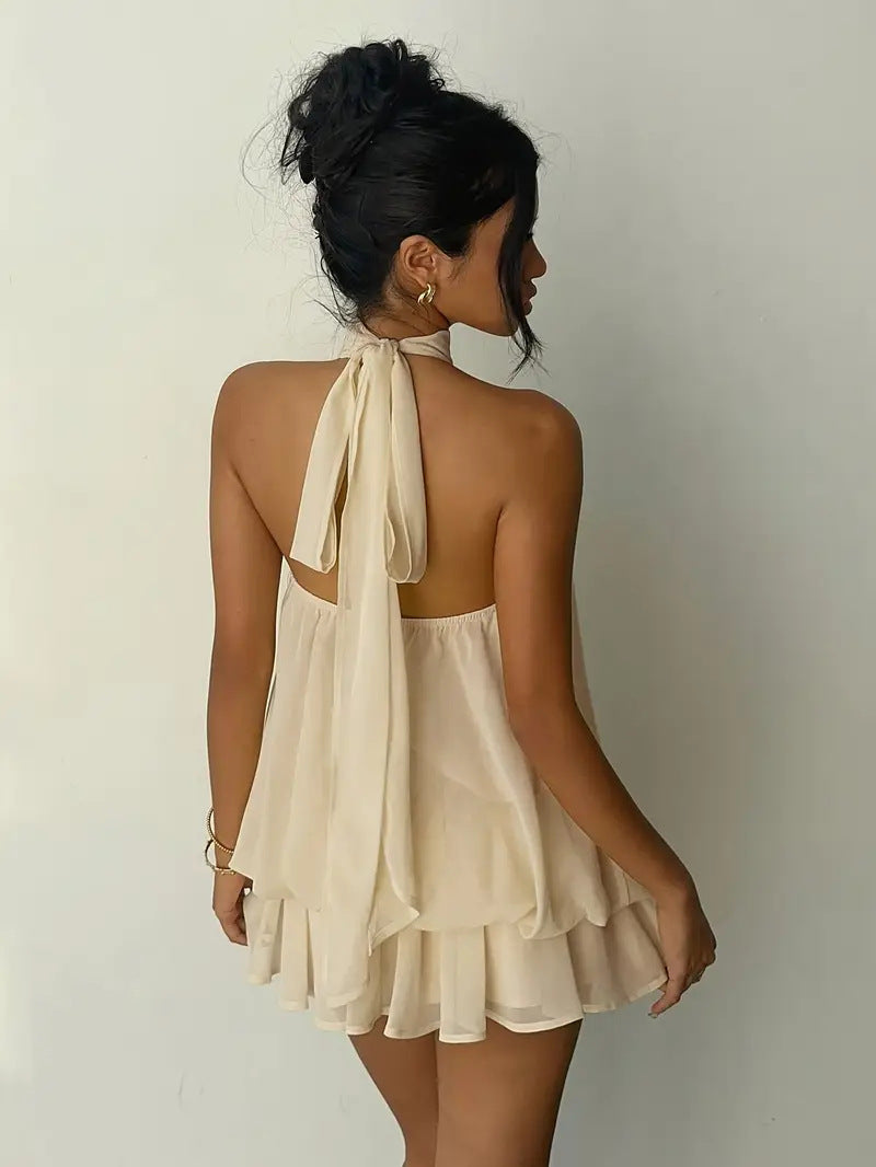 Sexy Chiffon Halter Mini Dress for Women, Island Vacation Backless Flowy Beach Dress, Summer Tea Dress