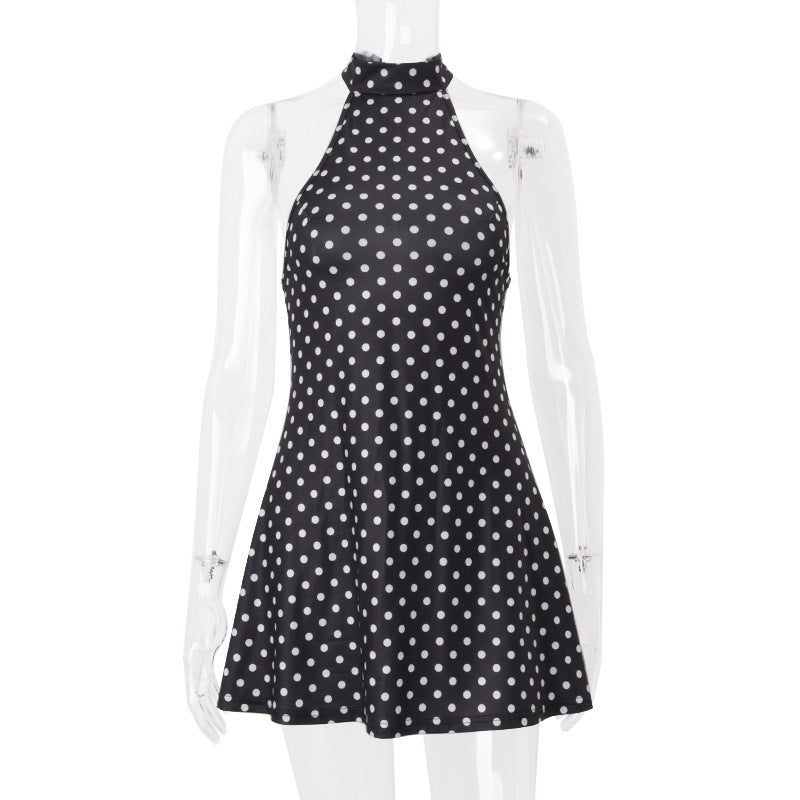 2026 Summer Polka Dot Halter A-Line Mini Dress for Women, Sexy Backless Waist-Cinching Printed Party Dress