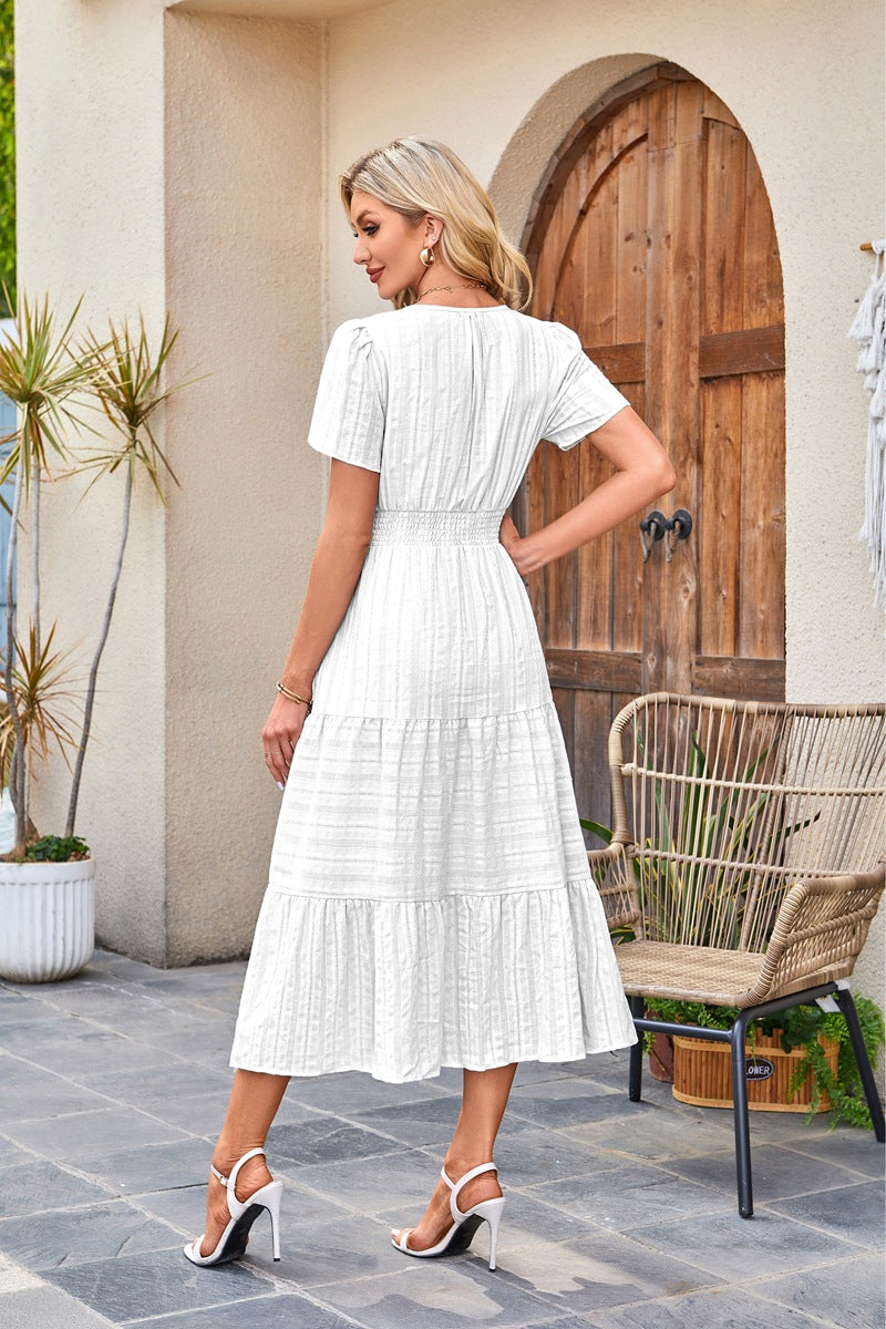 Women's V-Neck Smocked Waist Tiered Midi Dress — Flowy Puff Sleeve Boho Maxi Dress with Elastic Waist & Ruffle Tiered Skirt, Summer Casual Party Dress in 14 Colors S–XXL