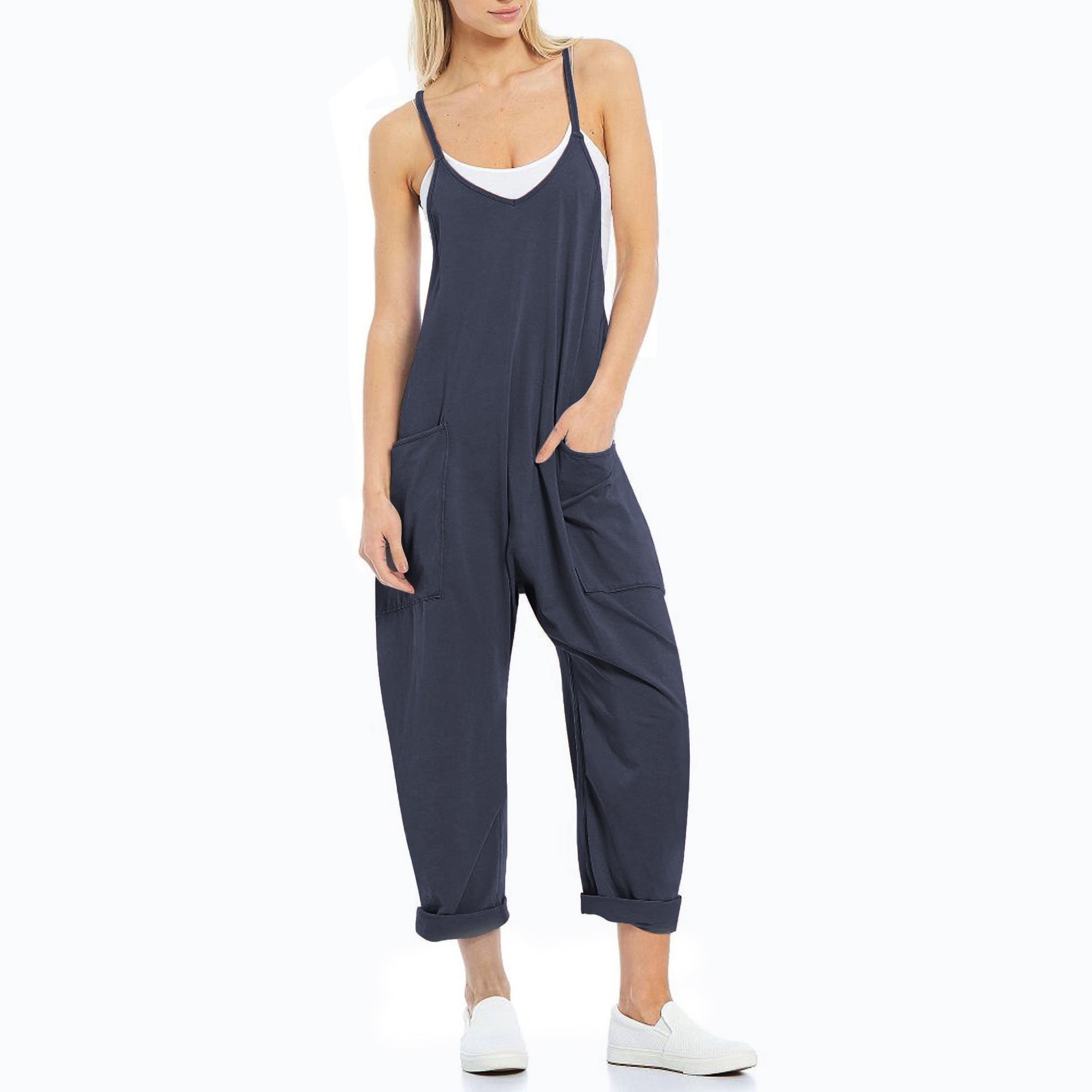 Women's Spaghetti Strap Loose Jumpsuit — Soft Fleece Relaxed Fit One-Piece with Deep Patch Pockets & Adjustable Straps, Cropped Leg Romper in 10+ Colors