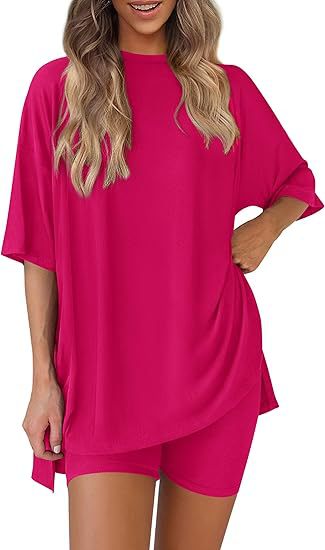 Women's Oversized Lounge Set 2 Piece — Short Sleeve Tee & Biker Shorts | Casual Comfy Matching Outfit