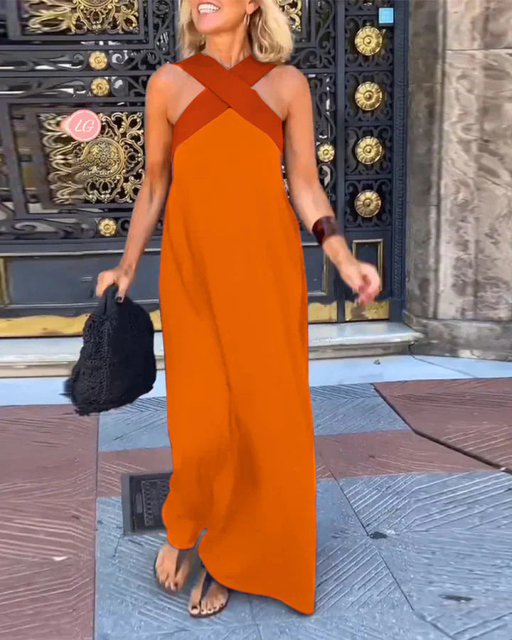 Women's Cross Halter Open Back Maxi Dress — Sexy Backless Crisscross Strap Sleeveless Long Dress, Elegant Flowy Summer Evening Party Dress XS–3XL in 11 Colors