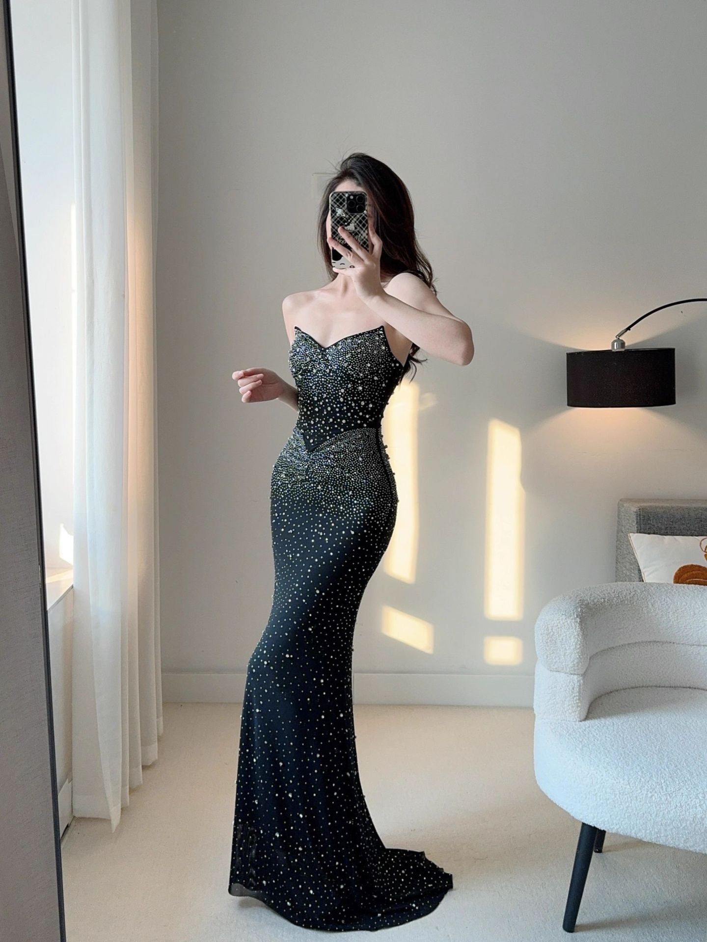 Crystal Rhinestone Strapless Bodycon Maxi Gown | All-Over Hot-Fix Diamonds | Mermaid Evening Dress for Women | Luxury Formal Gala Ball Gown