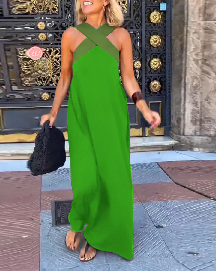 Women's Cross Halter Open Back Maxi Dress — Sexy Backless Crisscross Strap Sleeveless Long Dress, Elegant Flowy Summer Evening Party Dress XS–3XL in 11 Colors
