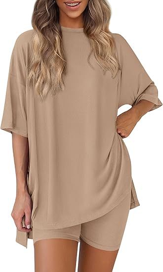 Women's Oversized Lounge Set 2 Piece — Short Sleeve Tee & Biker Shorts | Casual Comfy Matching Outfit