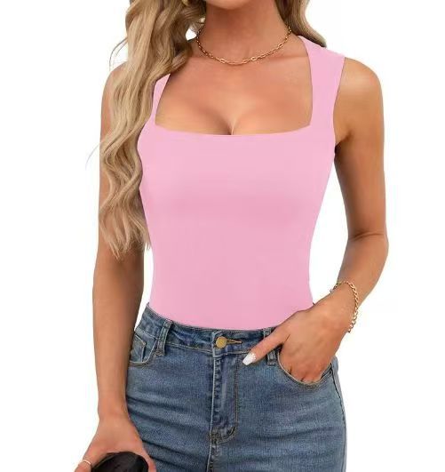 Women's Square Neck Sleeveless Tank Top — Double Layer Slim Fit Basic Crop Tee, Wide Strap Cami Shirt in 14 Colors