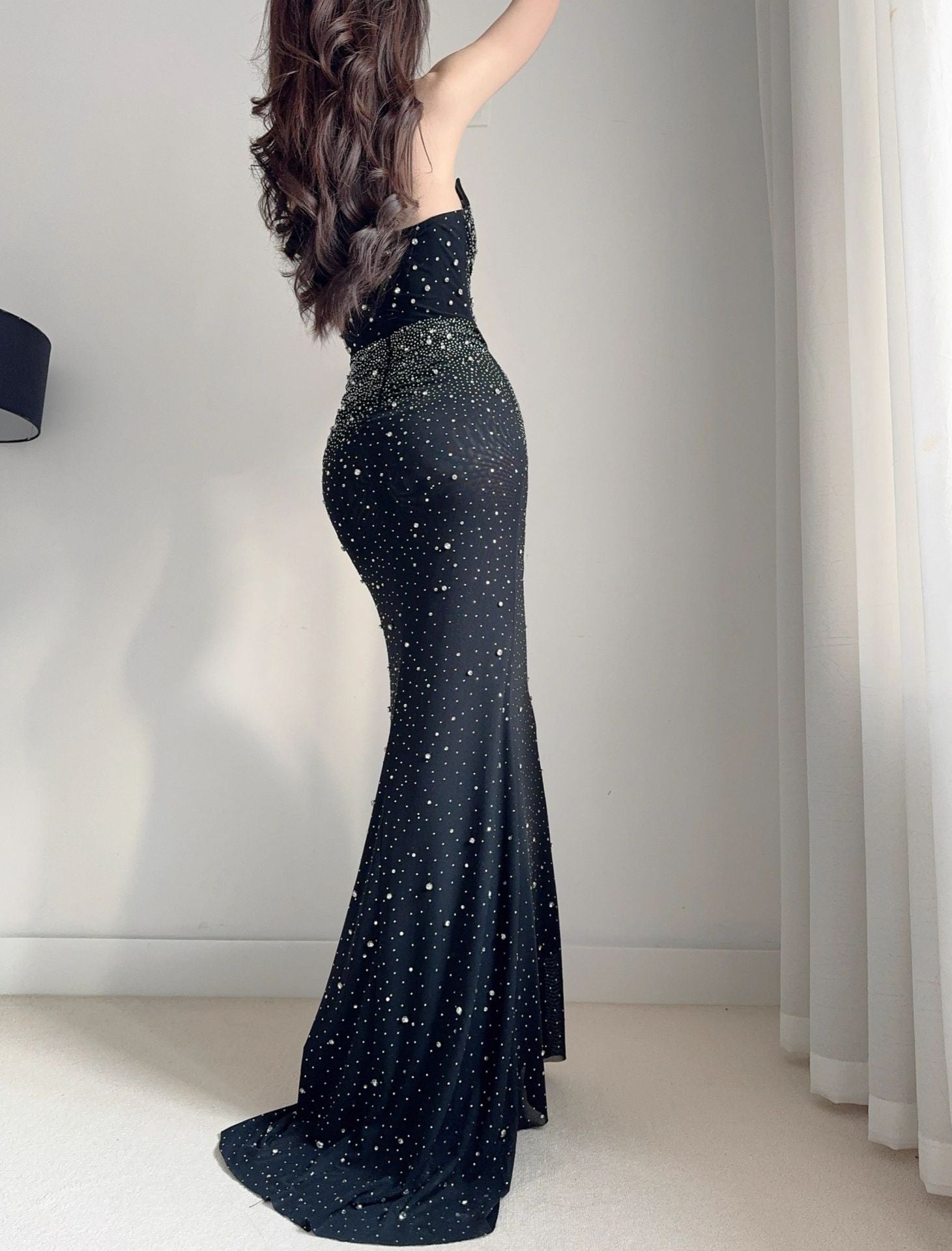 Crystal Rhinestone Strapless Bodycon Maxi Gown | All-Over Hot-Fix Diamonds | Mermaid Evening Dress for Women | Luxury Formal Gala Ball Gown