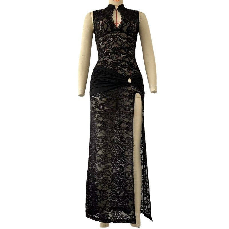 Women's Sheer Lace Keyhole Cutout High Slit Maxi Dress — Sexy Sleeveless Floral Lace Bodycon Evening Gown with Draped Satin Waist, Formal Party Dress S–L in 3 Colors