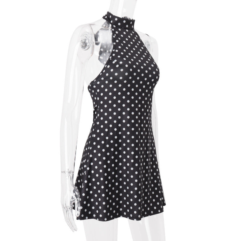 2026 Summer Polka Dot Halter A-Line Mini Dress for Women, Sexy Backless Waist-Cinching Printed Party Dress