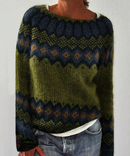Women's Vintage Colorblock Knit Sweater | Boho Folk Floral Crew Neck Oversized Pullover | Fall Winter Top