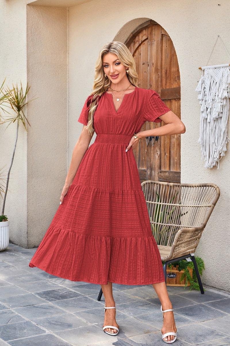 Women's V-Neck Smocked Waist Tiered Midi Dress — Flowy Puff Sleeve Boho Maxi Dress with Elastic Waist & Ruffle Tiered Skirt, Summer Casual Party Dress in 14 Colors S–XXL