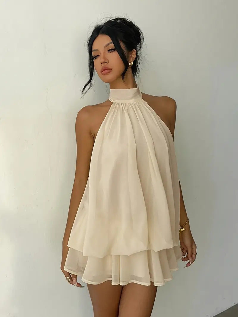 Sexy Chiffon Halter Mini Dress for Women, Island Vacation Backless Flowy Beach Dress, Summer Tea Dress