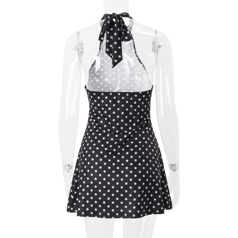 2026 Summer Polka Dot Halter A-Line Mini Dress for Women, Sexy Backless Waist-Cinching Printed Party Dress
