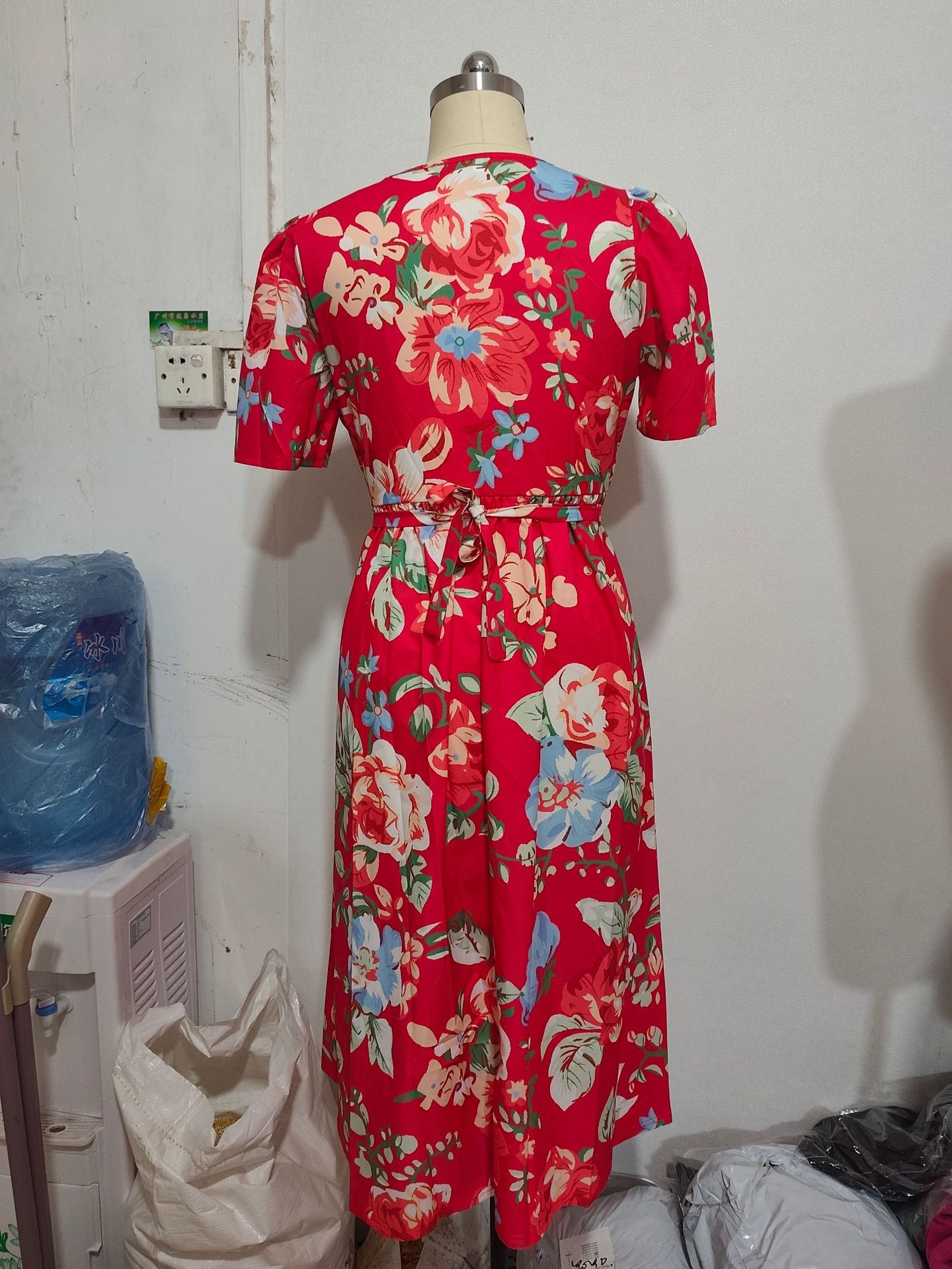 Women's V-Neck Floral Chiffon Midi Dress — Flutter Sleeve Tie Waist Boho Wrap Dress with Handkerchief Hem, Flowy Casual Summer Beach Dress S–3XL in 16 Prints