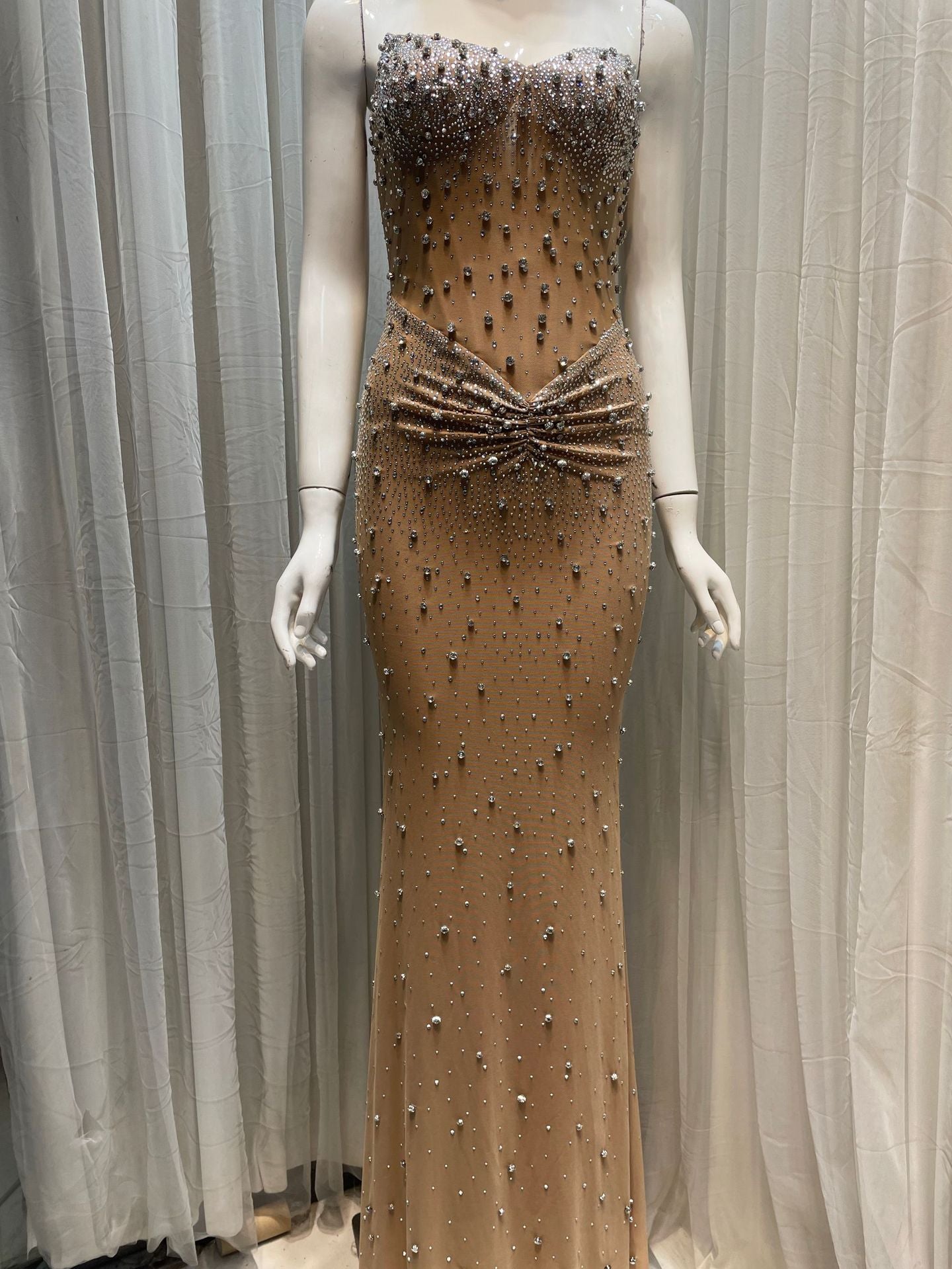 Crystal Rhinestone Strapless Bodycon Maxi Gown | All-Over Hot-Fix Diamonds | Mermaid Evening Dress for Women | Luxury Formal Gala Ball Gown