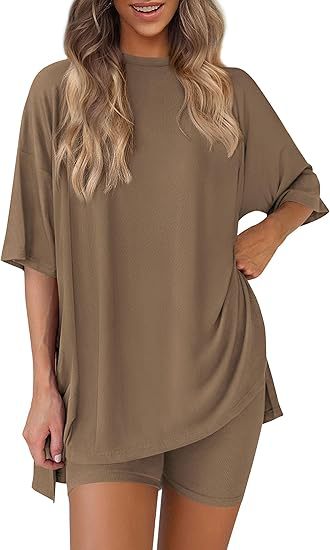 Women's Oversized Lounge Set 2 Piece — Short Sleeve Tee & Biker Shorts | Casual Comfy Matching Outfit
