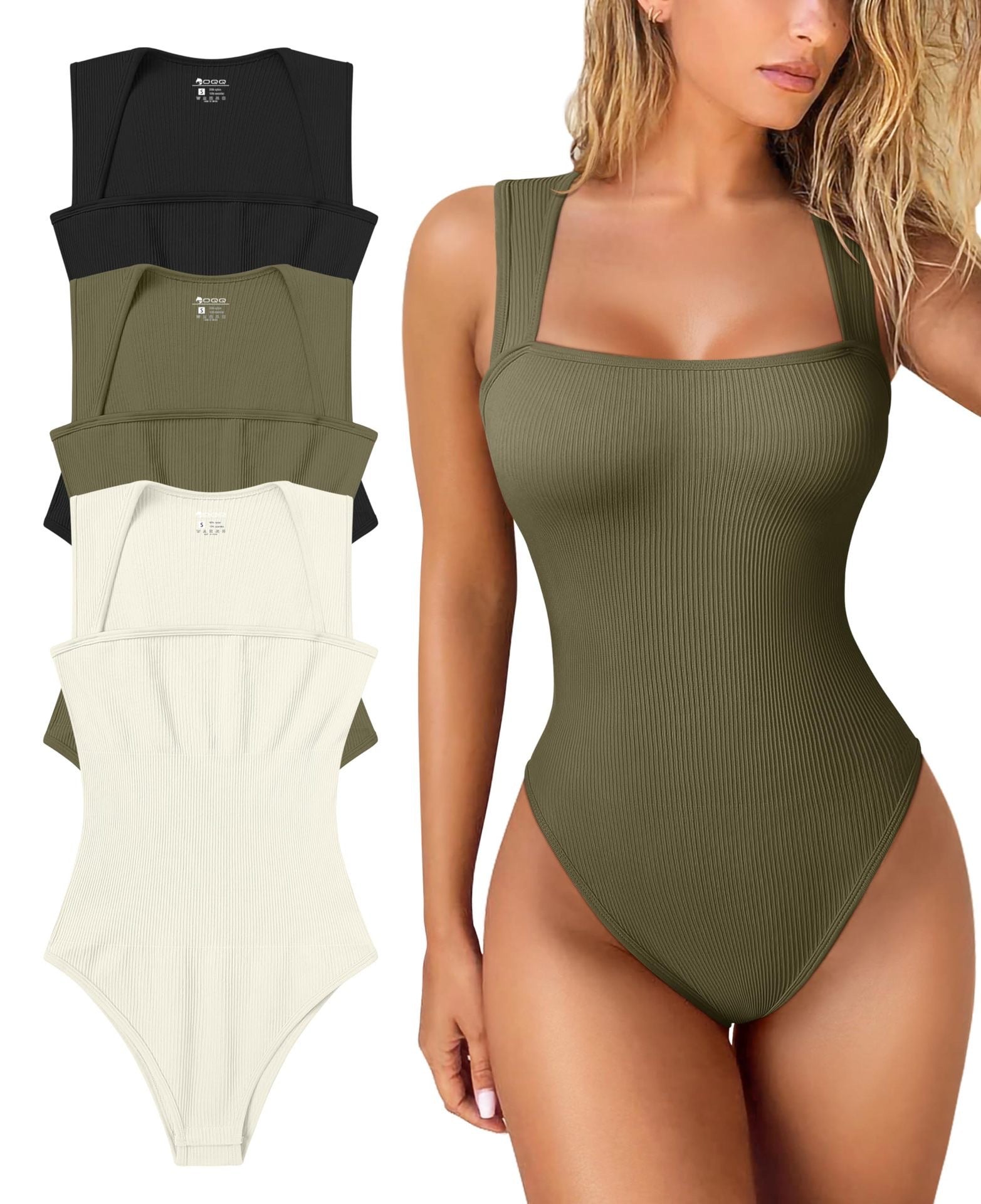 Women's Ribbed Square Neck Bodysuit | Sleeveless Tummy Control Butt Lifting Thong Body Shaper
