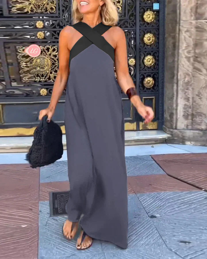 Women's Cross Halter Open Back Maxi Dress — Sexy Backless Crisscross Strap Sleeveless Long Dress, Elegant Flowy Summer Evening Party Dress XS–3XL in 11 Colors