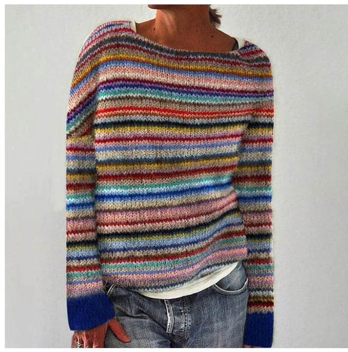 Women's Vintage Colorblock Knit Sweater | Boho Folk Floral Crew Neck Oversized Pullover | Fall Winter Top
