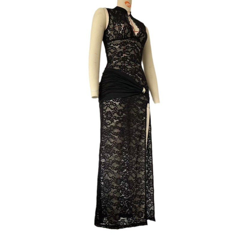 Women's Sheer Lace Keyhole Cutout High Slit Maxi Dress — Sexy Sleeveless Floral Lace Bodycon Evening Gown with Draped Satin Waist, Formal Party Dress S–L in 3 Colors