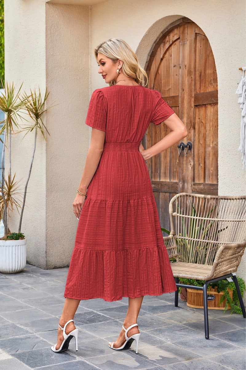 Women's V-Neck Smocked Waist Tiered Midi Dress — Flowy Puff Sleeve Boho Maxi Dress with Elastic Waist & Ruffle Tiered Skirt, Summer Casual Party Dress in 14 Colors S–XXL