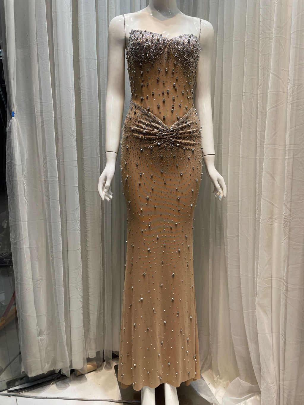 Crystal Rhinestone Strapless Bodycon Maxi Gown | All-Over Hot-Fix Diamonds | Mermaid Evening Dress for Women | Luxury Formal Gala Ball Gown